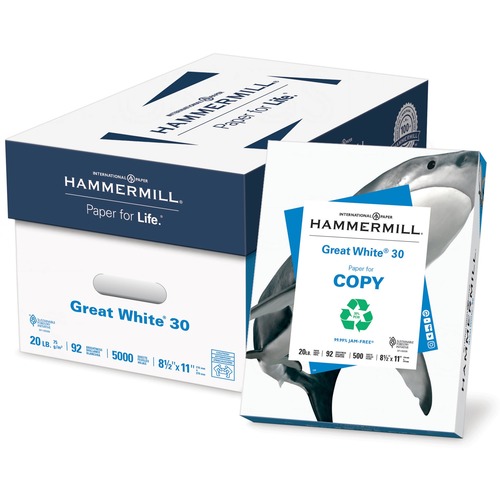 Hammermill Great White Recycled Copy Paper - White - 92 Brightness - Letter - 8 1/2" x 11" - 20 lb Basis Weight - 400 / Pallet - FSC - Acid-free, Archival-safe, Jam-free - White