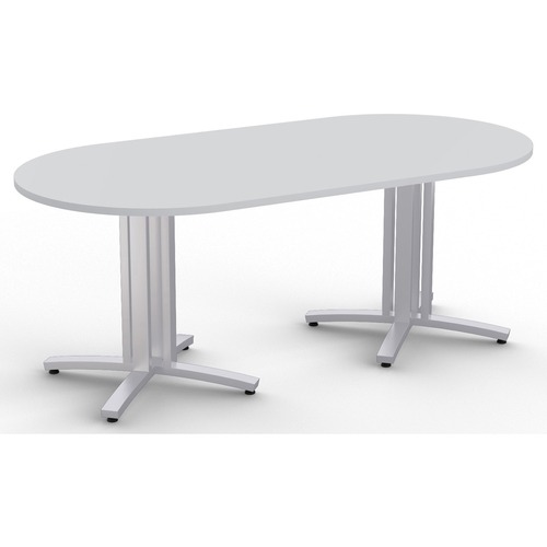 Special-T Structure 4X Structure Table - Fashion Gray Racetrack, High Pressure Laminate (HPL) Top - Metallic Silver 3-Column Base - 2 Legs - 330 lb Capacity - 84" Table Top Length x 42" Table Top Width x 1.25" Table Top Thickness - 29" Height - Assembly R