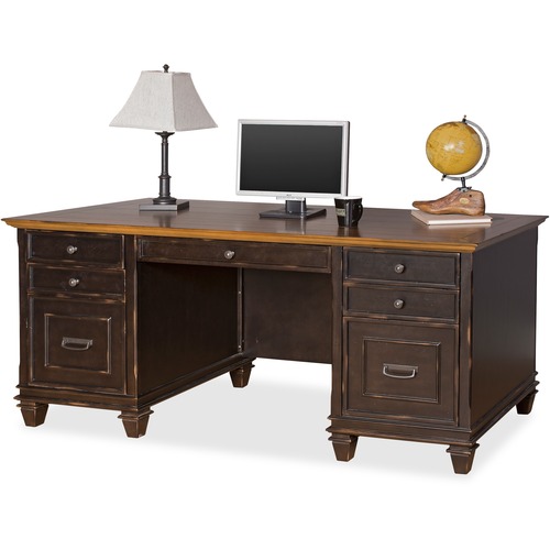Martin Hartford Double Pedestal Desk - 69.5" x 30"31" - 7 x Keyboard, Storage, Utility, File Drawer(s) - Double Pedestal - Material: Wood Veneer - Finish: Vintage Black - Grommet, Wire Management Channel, Lockable Drawer, Pull-out Keyboard Tray - For Keyb