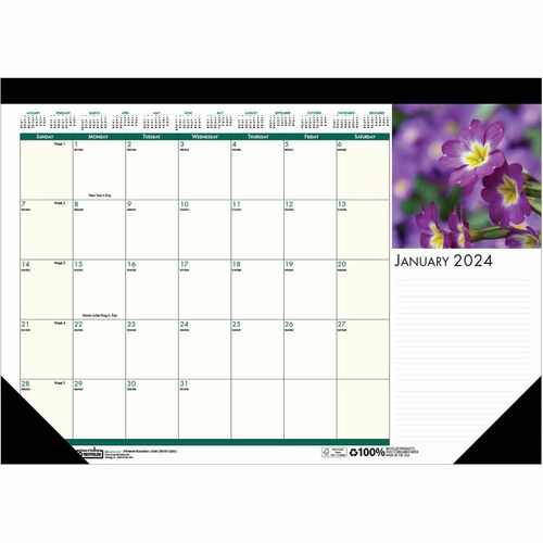 House of Doolittle EarthScapes Flowers 18-1/2" Desk Pad - Julian Dates - Monthly - 12 Month - January 2024 - December 2024 - 1 Month Single Page Layout - 18 1/2" x 13" Sheet Size - 1.50" x 1.87" Block - Headband - Desk Pad - Leatherette, Chipboard - Reinf