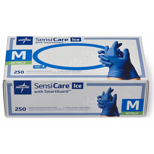 Medline SensiCare Ice Blue Nitrile Exam Gloves - Medium Size - Dark Blue - Comfortable, Chemical Resistant, Latex-free, Textured Fingertip, Non-sterile, Durable - For Medical - 250 / Box - 9.50" Glove Length