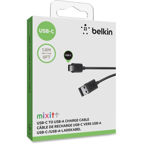 Belkin 2.0 USB-A to USB-C Charge Cable - 6 ft USB Data Transfer Cable for MacBook, Hard Drive - First End: 1 x USB 2.0 Type C - Male - Second End: 1 x USB 2.0 Type A - Male - 480 Mbit/s - Black