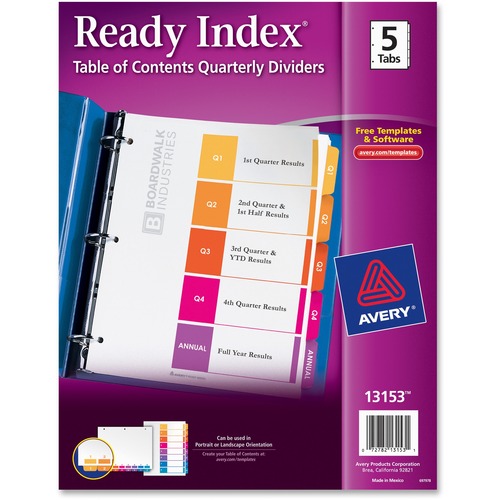 Avery® Ready Index Customizable Table of Contents Classic Multicolor Dividers - Printed Tab(s) - Message - Annual, Q1, Q2, Q3, Q4 - 5 Tab(s)/Set - Letter - 8.50" Width x 11" Length - 3 Hole Punched - Multicolor Tab(s) - 20% Recycled - 5 / Set