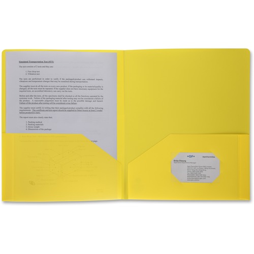 Business Source Letter Portfolio - 8 1/2" x 11" - 30 Sheet Capacity - 2 Pocket(s) - Poly - Yellow - 1 Each