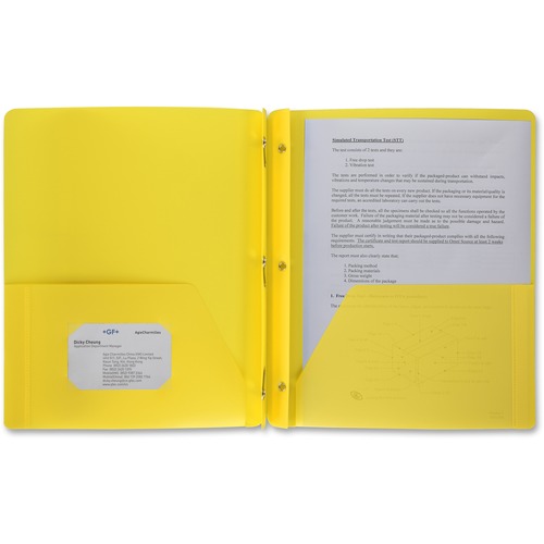 Business Source Letter Portfolio - 8 1/2" x 11" - 50 Sheet Capacity - 3 x Prong Fastener(s) - 2 Pocket(s) - Yellow - 1 Each