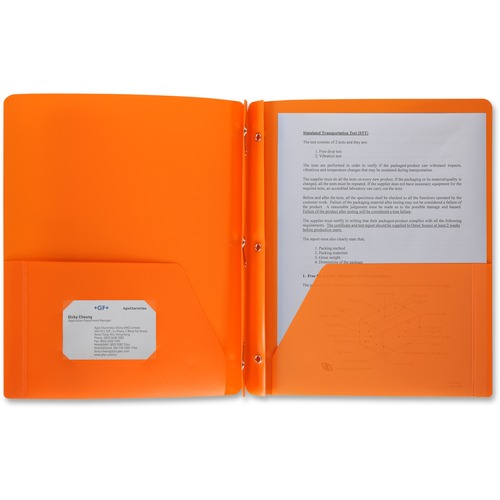 Business Source Letter Portfolio - 8 1/2" x 11" - 50 Sheet Capacity - 3 x Prong Fastener(s) - 2 Pocket(s) - Poly - Orange - 1 Each
