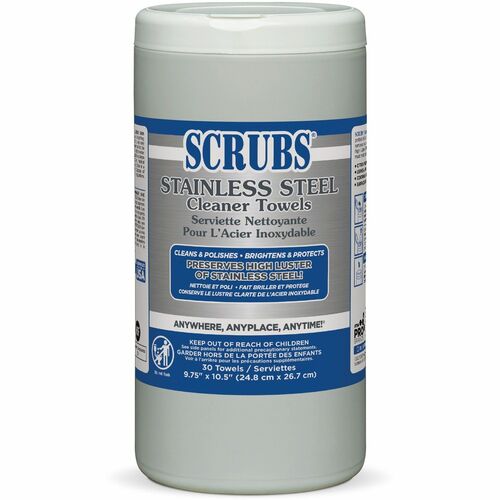 SCRUBS Stainless Steel Cleaner Wipes - For Stainless Steel, Aluminum, Chrome, Copper, Brass, Bathroom, Elevator, Kitchen - Citrus Scent - 10.50" Length x 9.75" Width - 30 / Canister - 1 Each - Corrosion Resistant - Yellow
