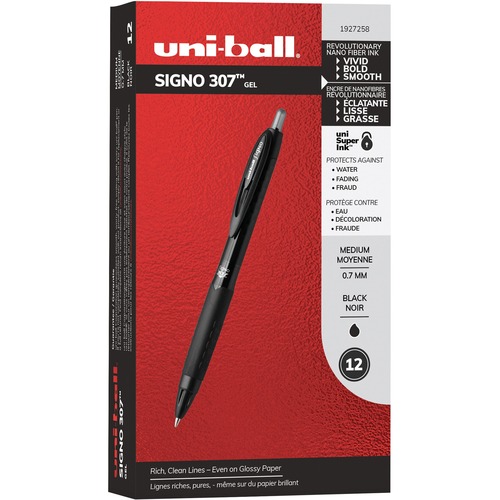uniball™ 307 Gel Pen - Medium Pen Point - 0.7 mm Pen Point Size - Retractable - Black Nanofiber Ink Ink - 1 Dozen
