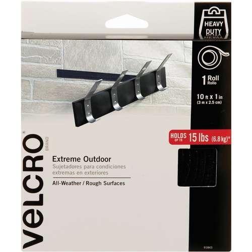 VELCRO® 91843 Heavy Duty Extreme Outdoor - 10 ft Length x 1" Width - Plastic - Weather Resistant, UV Resistant, Water Resistant - For Indoor, Outdoor - 1 / RollRoll - Black