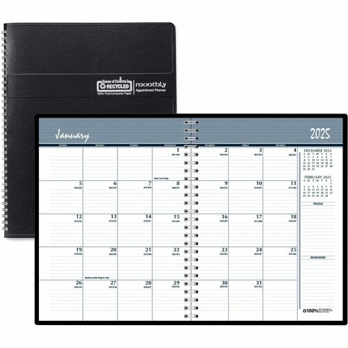House of Doolittle Embossed Cover 14-month Monthly Planner - Julian Dates - Monthly - 14 Month - December 2023 - January 2025 - 1 Month Double Page Layout - 6 7/8" x 8 3/4" Sheet Size - 1.88" x 2.13" Block - Wire Bound - Simulated Leather - Black CoverRef