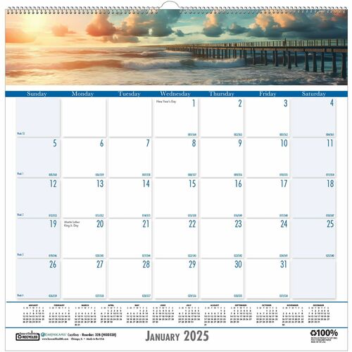 House of Doolittle Coastlines Monthly Wall Calendar - Julian Dates - Monthly - 12 Month - January 2024 - December 2024 - 1 Month Single Page Layout - 1.38" x 1.50" Block - Wire Bound - Sea Blue - 12" Height x 12" Width - Reference Calendar, Eyelet - 1 Eac