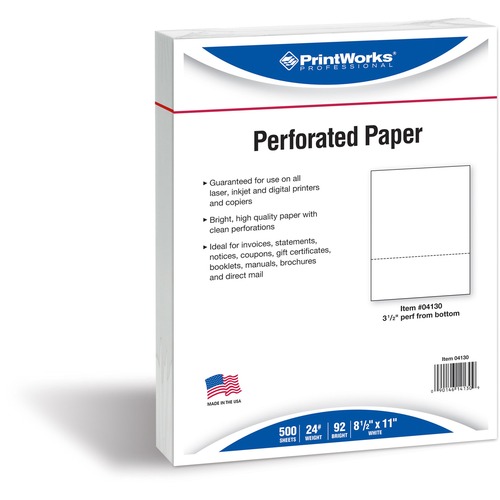 PrintWorks Professional Pre-Perforated Paper for Invoices, Statements, Gift Certificates & More - 92 Brightness - Letter - 8 1/2" x 11" - 24 lb Basis Weight - Smooth - 500 / Ream - Perforated - White