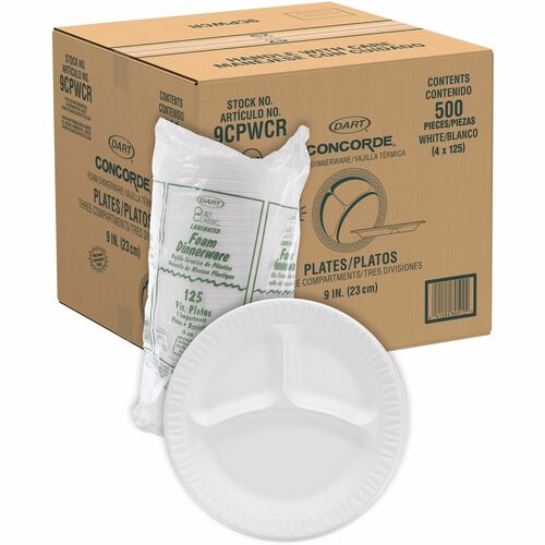 Dart Concorde 9" Nonlaminated Foam 3-Compartment Plates - 9" Diameter - Foam, Plastic Body - 125 / Pack - 4 / Carton