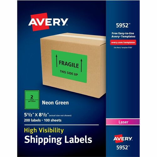 Avery® Neon Shipping Labels, 5-1/2" x 8-1/2" , 200 Labels (5952) - 5 1/2" Width x 8 1/2" Length - Permanent Adhesive - Rectangle - Laser - Neon Green - Paper - 2 / Sheet - 100 Total Sheets - 200 Total Label(s) - 200 / Box - Permanent Adhesive, Stick &