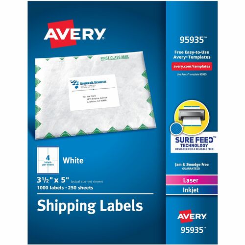 Avery® Shipping Labels, Sure Feed, 3-1/2" x 5" , 1,000 Labels (95935) - 3 1/2" Width x 5" Length - Permanent Adhesive - Rectangle - Laser, Inkjet - Matte - White - Paper - 4 / Sheet - 250 Total Sheets - 1000 Total Label(s) - Permanent Adhesive, Jam Re