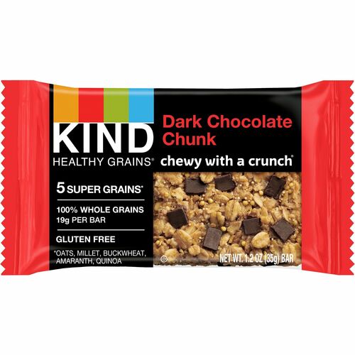 KIND Dark Chocolate Chunk Healthy Grains Bars - Cholesterol-free, Non-GMO, Individually Wrapped, Trans Fat Free, Gluten-free, Low Sodium - Dark Chocolate Chunk - 1.20 oz - 12 / Box