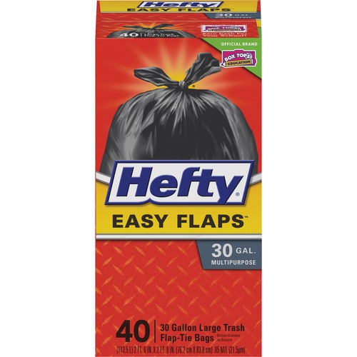 Hefty Easy Flaps 30-gallon Large Trash Bags - Large Size - 30 gal Capacity - 30" Width x 33" Length - 0.85 mil (22 Micron) Thickness - Black - 40/Box - Can - Recycled