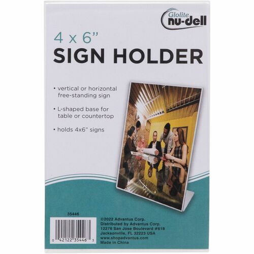 Golite nu-dell Freestanding Sign Holder - 1 Each - 4" Width x 6" Height - Rectangular Shape - Award, Certificate, Photo - Plastic - Clear