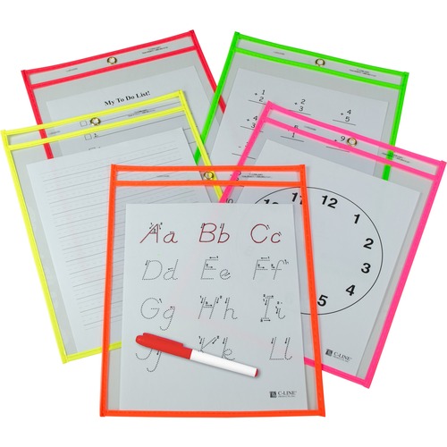 C-Line Reusable Dry Erase Pockets, Assorted, 9 x 12, 25/BX - Neon Red, Neon Orange, Neon Yellow, Neon Green, Neon Pink Frame - Rectangle - Reusable, Heavyweight, Eyelet, Easy to Clean - 25 / Box