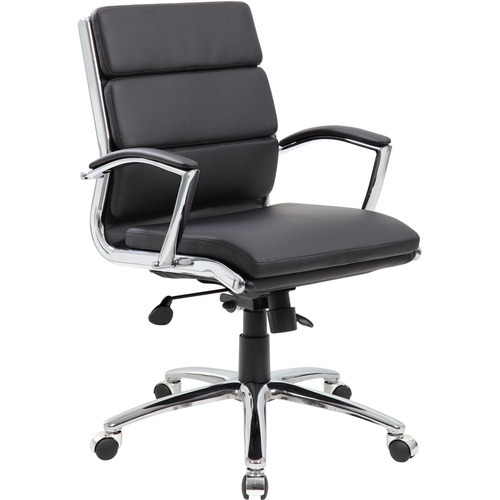 Boss Contemporary Executive Midback In Caressoft Plus - Black Vinyl Seat - Chrome, Black Chrome Frame - Mid Back - 5-star Base - Black - 1 Each