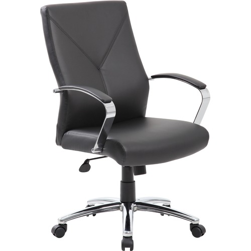 Boss Leatherplus Executive Chair with Chrome Accent - Black LeatherPlus Seat - Chrome, Black Chrome Frame - 5-star Base - Black - 1 Each