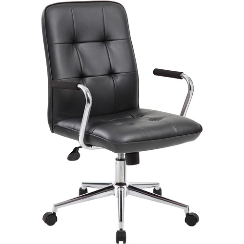 Boss Modern Office Chair with Chrome Arms - Black Vinyl Seat - Chrome, Black Chrome Frame - 5-star Base - Black - 1 Each