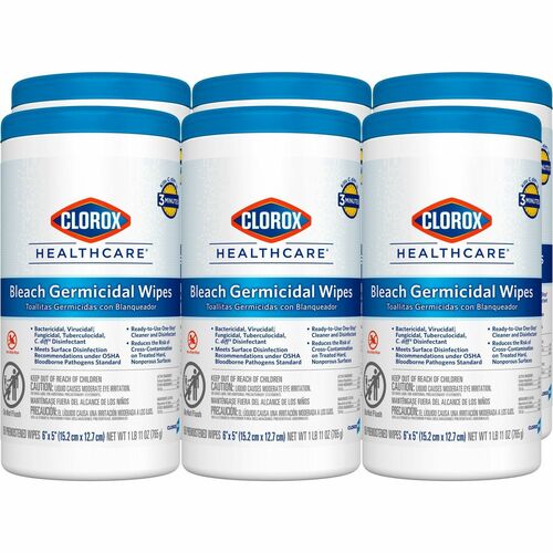 Clorox Healthcare Bleach Germicidal Wipes - For Multipurpose - Ready-To-Use - 5" Length x 6" Width - Disinfectant, Non-irritating, Anti-bacterial, Odorless - White - 150Tub - 6 / Carton