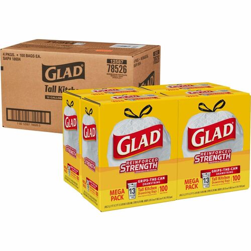 Glad ForceFlex Tall Kitchen Drawstring Trash Bags - 13 gal Capacity - 24" Width x 27" Length - Drawstring Closure - White - Plastic - 4/Carton - 100 Per Box - Kitchen, Office, Day Care, Restaurant, School