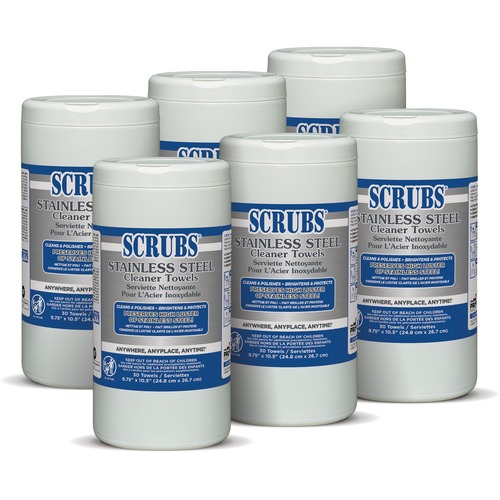SCRUBS Stainless Steel Cleaner Wipes - For Stainless Steel, Aluminum, Copper, Brass, Chrome - Citrus Scent - 10.50" Length x 9.75" Width - 30 / Canister - 6 / Carton - Corrosion Resistant - Yellow