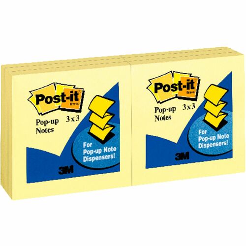 Post-it® Pop-up Notes - 3" x 3" - Square - 100 Sheets per Pad - Unruled - Canary Yellow - Paper - Self-adhesive, Repositionable - 12 / Pack