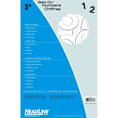 Headline 3" Numbers - Self-adhesive - Helvetica Style - Water Proof, Permanent Adhesive - 3" (76.2 mm) Height - White - Vinyl - 1 Each