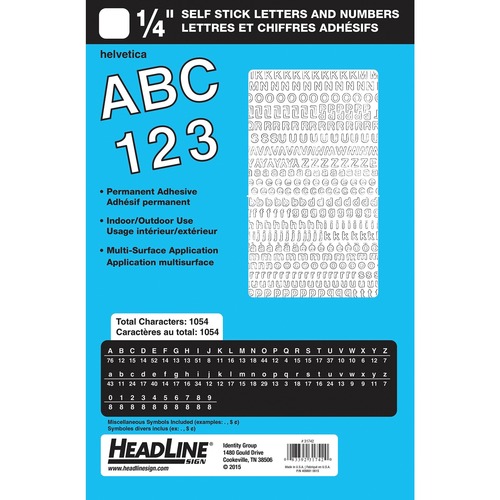 Headline 1/4" Letters & Numbers - Self-adhesive - Helvetica Style - Water Proof, Permanent Adhesive - 0.25" (6.4 mm) Height - White - Vinyl - 1 Each - Vinyl Numbers & Letters - USS31742