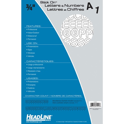 Headline 3/4" Letters & Numbers - Self-adhesive - Helvetica Style - Water Proof, Permanent Adhesive - 0.75" (19.1 mm) Height - White - Vinyl - 1 Each