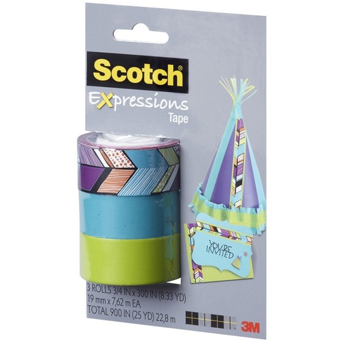 Scotch Expressions Magic Tape, C214-3PK-4, Tribal, Turquoise, Lime Green - 25 ft (7.6 m) Length x 0.75" (19 mm) Width - 3 / Pack - Turquoise, Lime Green, Tribal - Transparent & Invisible Tapes - MMM36671