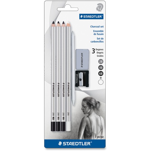 Staedtler 280 Quality Charcoal Pencils - 2B, 4B, 6B Lead - White Lead - Wood Barrel - 7 / Set