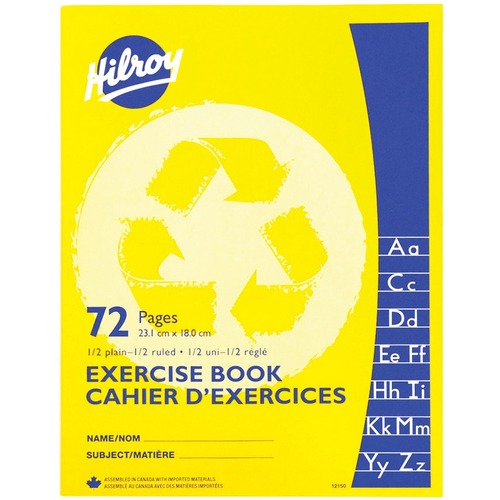 Hilroy Notebook - 72 Pages - Stitched - Ruled, Unruled - 7 1/8" x 9 1/8" - Half Plain Page, Half Ruled Page - Recycled - ea