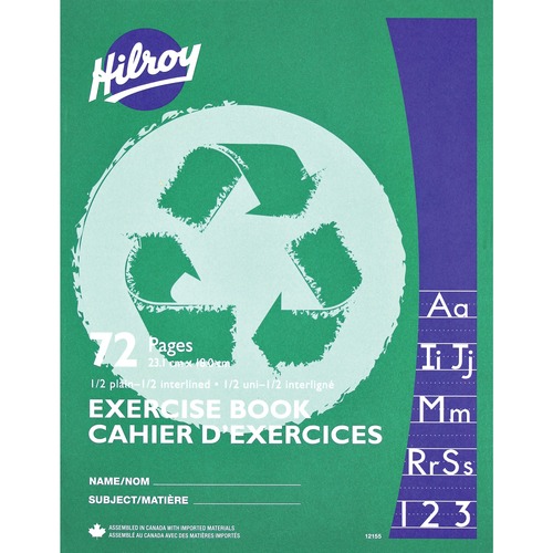 Hilroy Notebook - 72 Pages - Stitched - Interlined - 9 1/8" x 7 1/8" - Half Plain Page, Half Ruled Page - Recycled - EACH