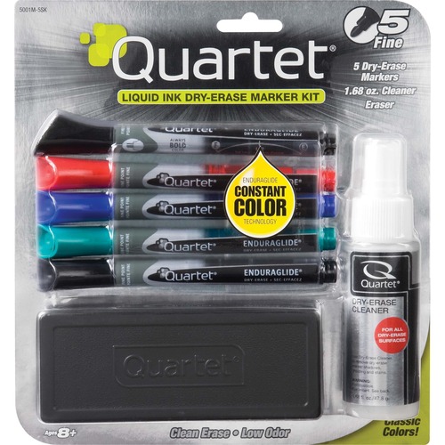 Quartet® EnduraGlide® Dry-Erase Kit, Fine Tip Dry-Erase Markers, Eraser, Spray Cleaner - Fine Tip, Assorted Colors, 5 Pack