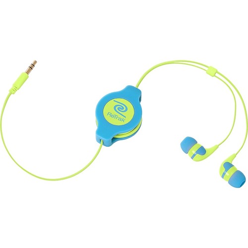 ReTrak Retractable Neon Blue and Yellow Earbuds - Stereo - Neon Blue, Yellow - Mini-phone (3.5mm) - Wired - 16 Ohm - 20 Hz 20 kHz - Gold Plated Connector - Earbud - Binaural - In-ear - 3.90 ft Cable