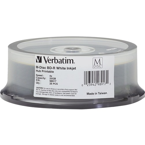 Verbatim M-Disc BD-R 25GB 4X White Inkjet Printable, Hub Printable - 25pk Spindle - 120mm - Printable - Inkjet Printable