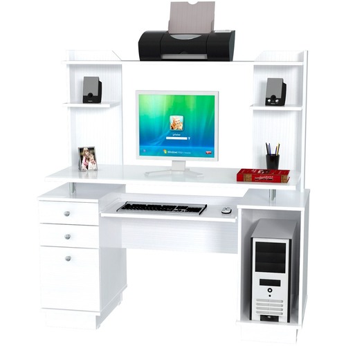 Inval Imported Wooden Credenza Computer Workcenter Desk with Hutch - White - 2-Drawer - 53.4" Height x 49.8" Width x 18.5" Depth - Total Drawer(s): 2 - 3 Shelve(s) - Double Pedestal - Band Edge - Material: Engineered Wood - Finish: Laminate, Melamine, Lar