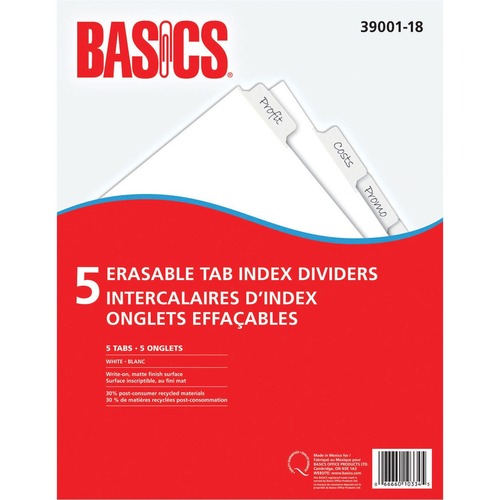 Basics® Erasable Tab Index Dividers White 5 Tabs - 5 x Divider(s) - 5 Write-on Tab(s) - 8.50" Divider Width - White Divider - Recycled - Erasable, Reusable.