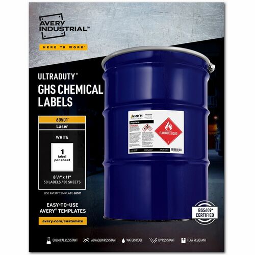 Avery® UltraDuty™ GHS Chemical Labels 8½" x 11" , for Laser Printers - 8 1/2" Width x 11" Length - Permanent Adhesive - Rectangle - Laser - White - Film - 1 / Sheet - 50 Total Sheets - 50 Total Label(s) - Water Resistant - 50 / Box