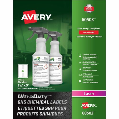 Avery® UltraDuty Warning Label - 3 1/2" Width x 5" Length - Permanent Adhesive - Rectangle - Laser - White - Film - 4 / Sheet - 50 Total Sheets - 200 / Box - Water Resistant