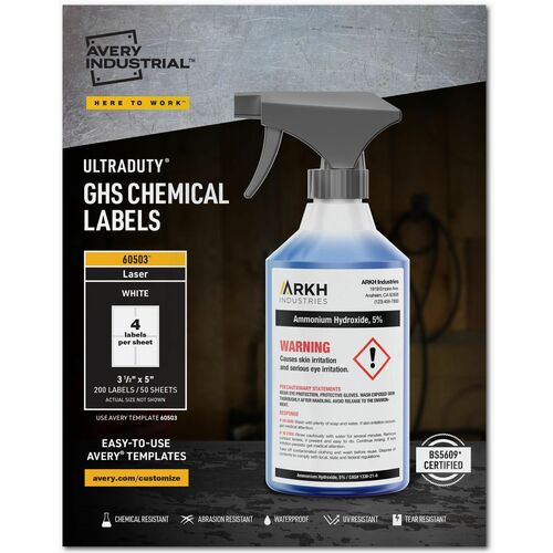 Avery® UltraDuty™ GHS Chemical Labels 3½" x 5" , for Laser Printers - 3 1/2" Width x 5" Length - Permanent Adhesive - Rectangle - Laser - White - Film - 4 / Sheet - 50 Total Sheets - Water Resistant - 200 / Box