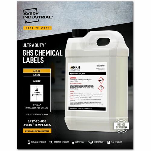 Avery® UltraDuty™ GHS Chemical Labels 4" x 4" , Permanent Adhesive, for Laser Printers - 4" Width x 4" Length - Permanent Adhesive - Rectangle - Laser - White - Film - 4 / Sheet - 50 Total Sheets - 200 Total Label(s) - Water Resistant - 200 / Bo