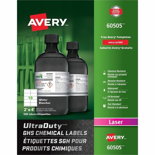 Avery® UltraDuty Warning Label - 2" Width x 4" Length - Permanent Adhesive - Rectangle - Laser - White - Film - 10 / Sheet - 50 Total Sheets - 500 / Box - Water Resistant