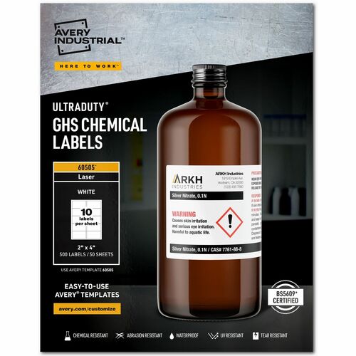 Avery® UltraDuty™ GHS Chemical Labels 2" x 4" , for Laser Printers - 2" Width x 4" Length - Permanent Adhesive - Rectangle - Laser - White - Film - 10 / Sheet - 50 Total Sheets - 500 / Box - Water Resistant