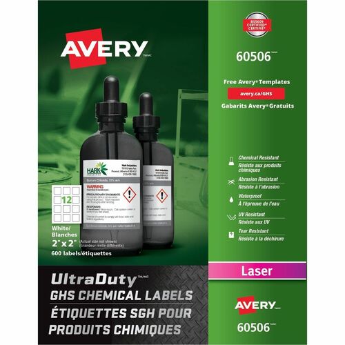 Avery® UltraDuty Warning Label - 2" Width x 2" Length - Permanent Adhesive - Rectangle - Laser - White - Film - 12 / Sheet - 50 Total Sheets - 600 Total Label(s) - 600 / Box - Water Resistant