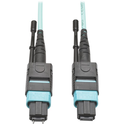 Tripp Lite 5M MTP/MTO Multimode Cable 12 Fiber 40 GbE OM3 Aqua M/F 16ft 16' 5 Meter - 16.40 ft Fiber Optic Network Cable for Network Device - First End: 1 x MTP Network - Male - Second End: 1 x MPO Network - Female - 40 Gbit/s - Patch Cable - 50/125 &micr